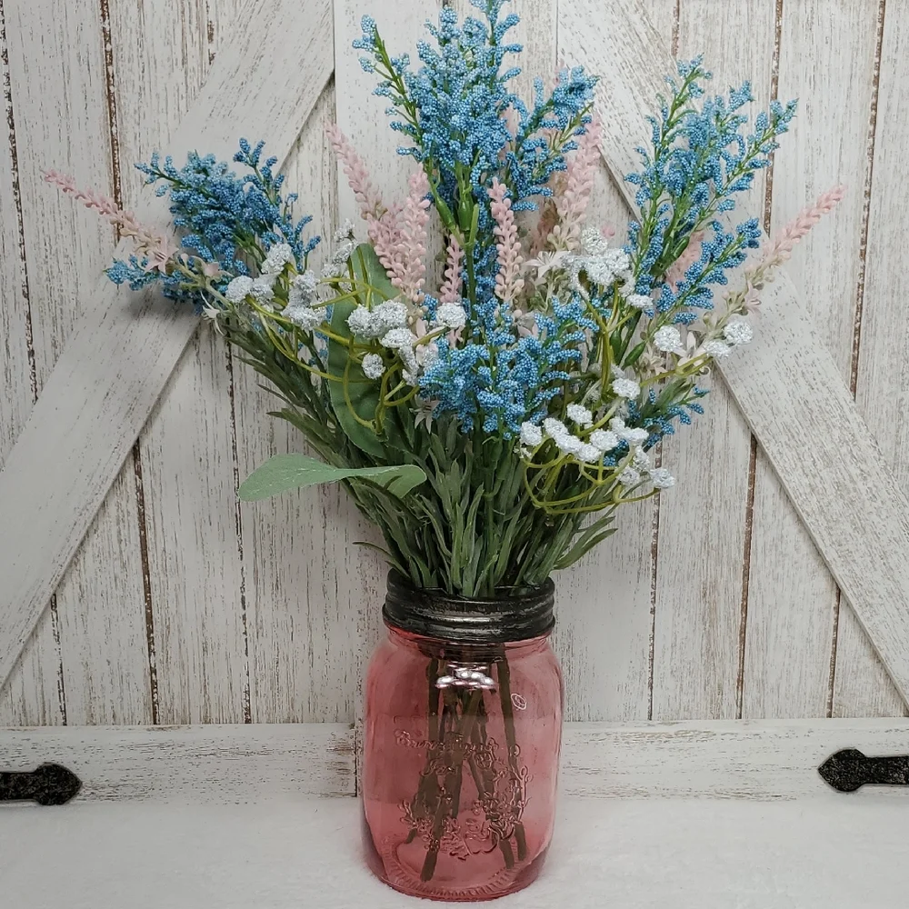 Pink Glass Mason Jar Vase with Faux Floral Arrangement Country Farmhouse